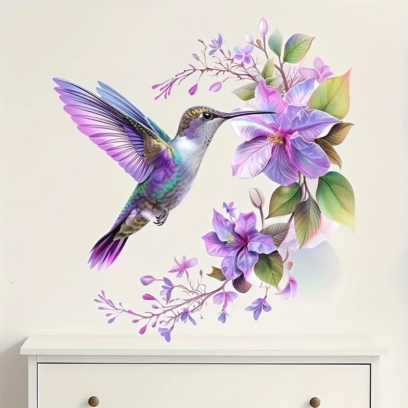 Pvc Panel Background - 1 paarse bloem- en kolibrie-sticker, verwijderbare